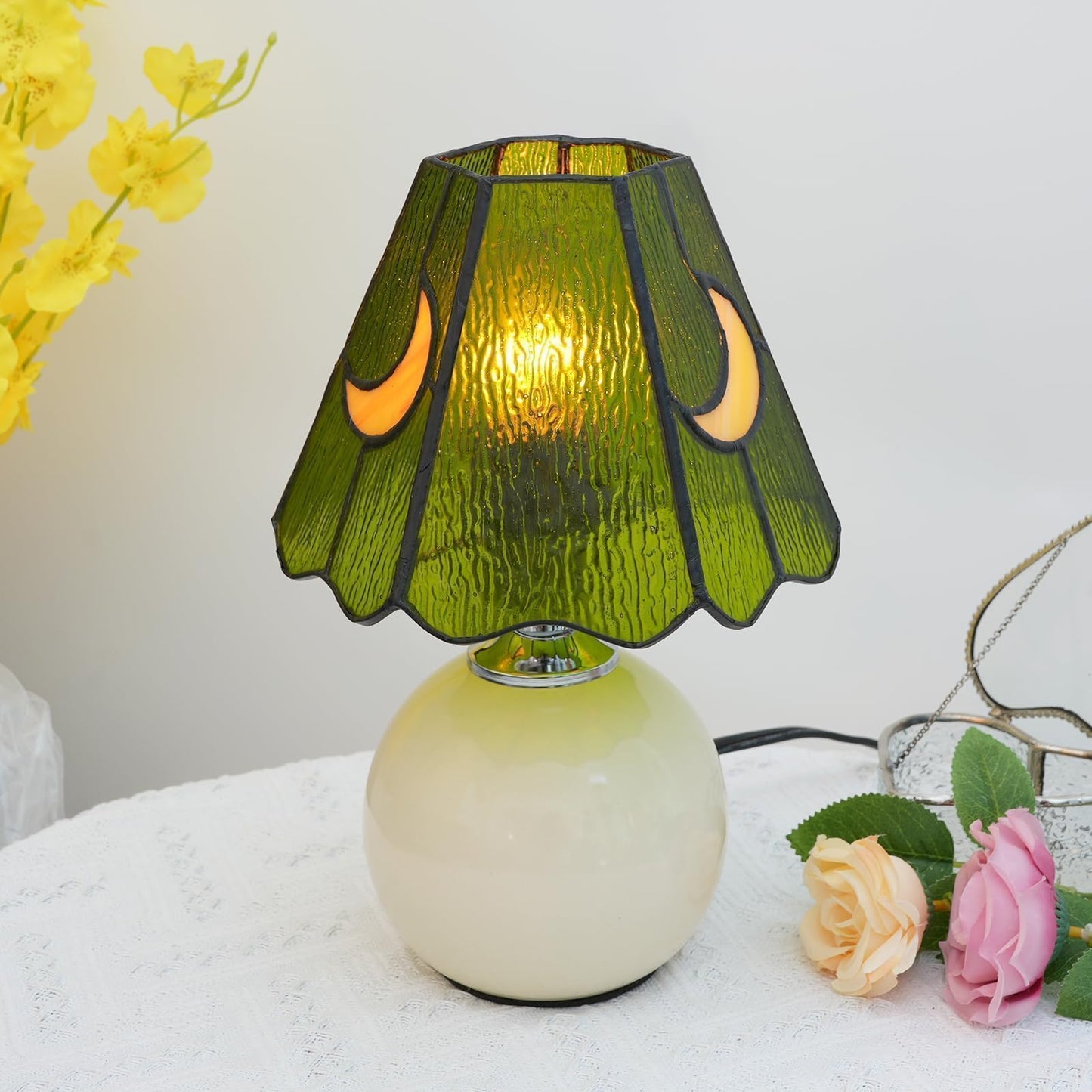 KIPHEPI Tiffany Style Bedside Table Lamp Stained Glass Moon Mushroom Lamp for Bedroom Small Nightstand Lamps for Home Decor Living Room Bedroom Study Nursery Dorm,Green