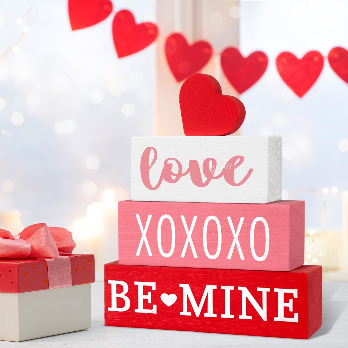 4 Pcs Valentine's Day Table Decor Valentine Wood Book Stack Wooden Signs Decoration for Valentines Day Decorations Wedding Anniversary Party Shelf