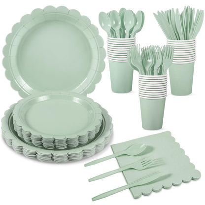Xiangqu 175 Pcs Sage Green Paper Plates and Napkins, Sage Green Party Supplies Include Green Scalloped Plate Paper Napkin Cup Plastic Cutlery for Baby Shower, Wedding, Birthday