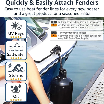 PACTHSD 4 Pack 1/2" x 6' Boat Fender Lines - Marine Grade Nylon Boat Rope with 10" Loop for Tying Fenders and Docking Small Boats - Double Braided Dock Lines, Easy Handling, Fray Resistant - Black