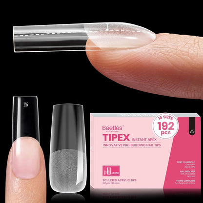 Beetles Tipex Gel Nail Kit, Medium Almond Nail Tips 224 Pcs 16 Sizes Pre-Building Pre-Etched Thick Acrylic Tips with Tipex Glue, Mini Lamp