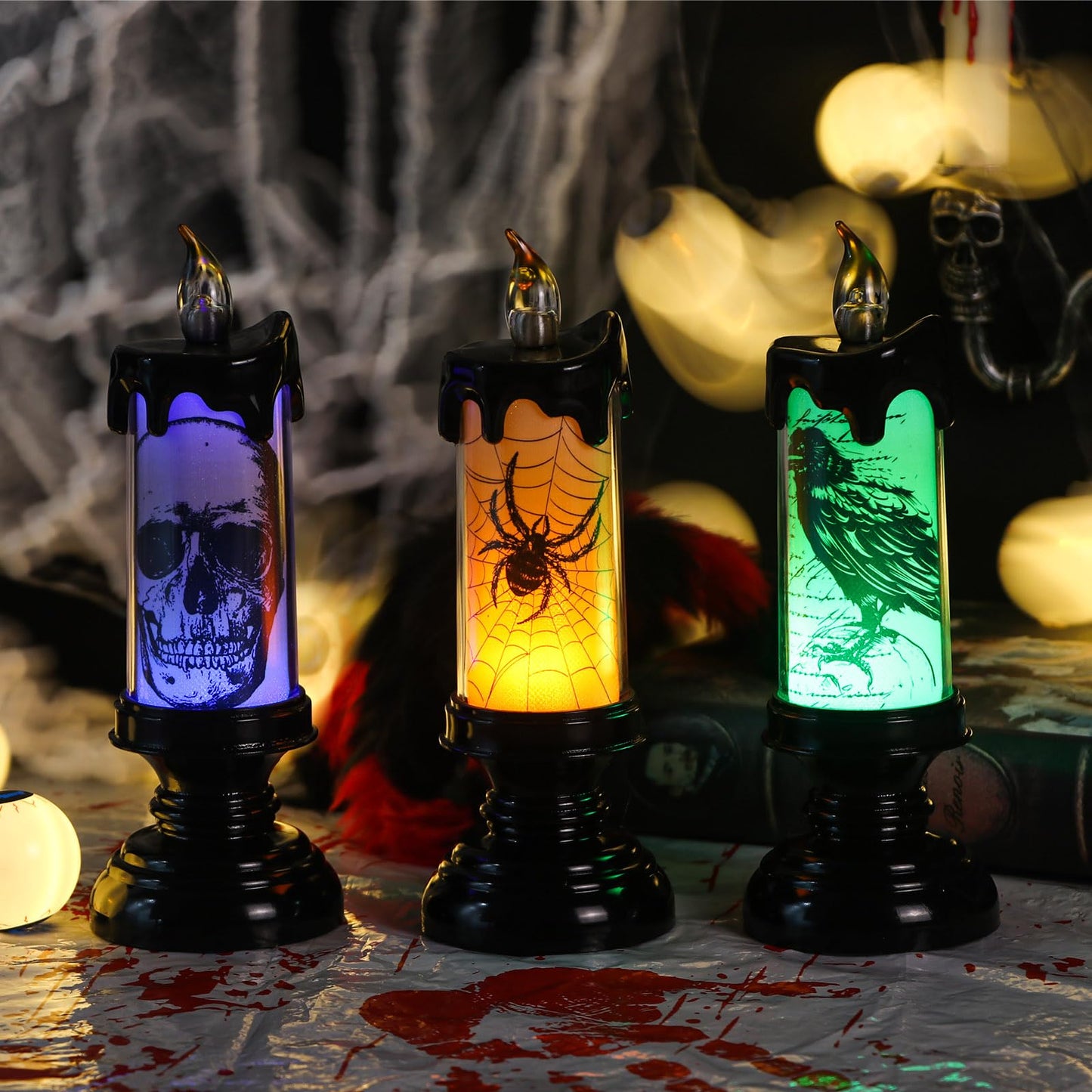 Eldnacele Halloween Flameless Candle Lamp Battery Operated with Remote and Timer, Spooky Horror Skull Crow Spider Decals LED Candle Lights Indoor Home Decor Candles Set of 3, 2.8" D x 7.8" H