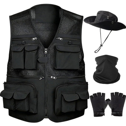 HUNTURE Mens Fishing Vest, Black Mesh Vest and Hat Gloves Cooling Neck Gaiter Set for Hiking Travel, Multi Pocket Summer Safari Vest