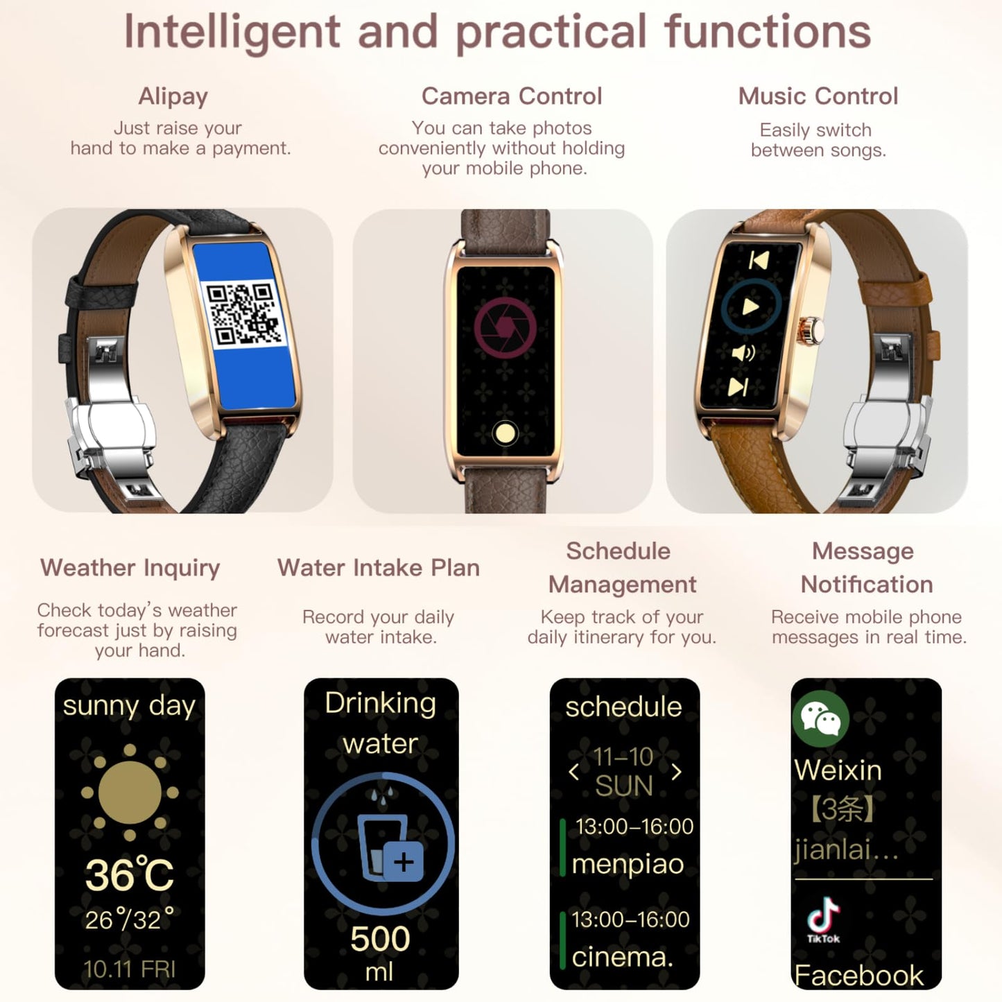 Amoled Laies Smart Watch for Women Smartwatch with Leather Strap Heart Rate Stress Sleep Monitor 12 Sports Modes Fitness Tracker Watch Notifications Music & Camera Control Waterproof iOS Android