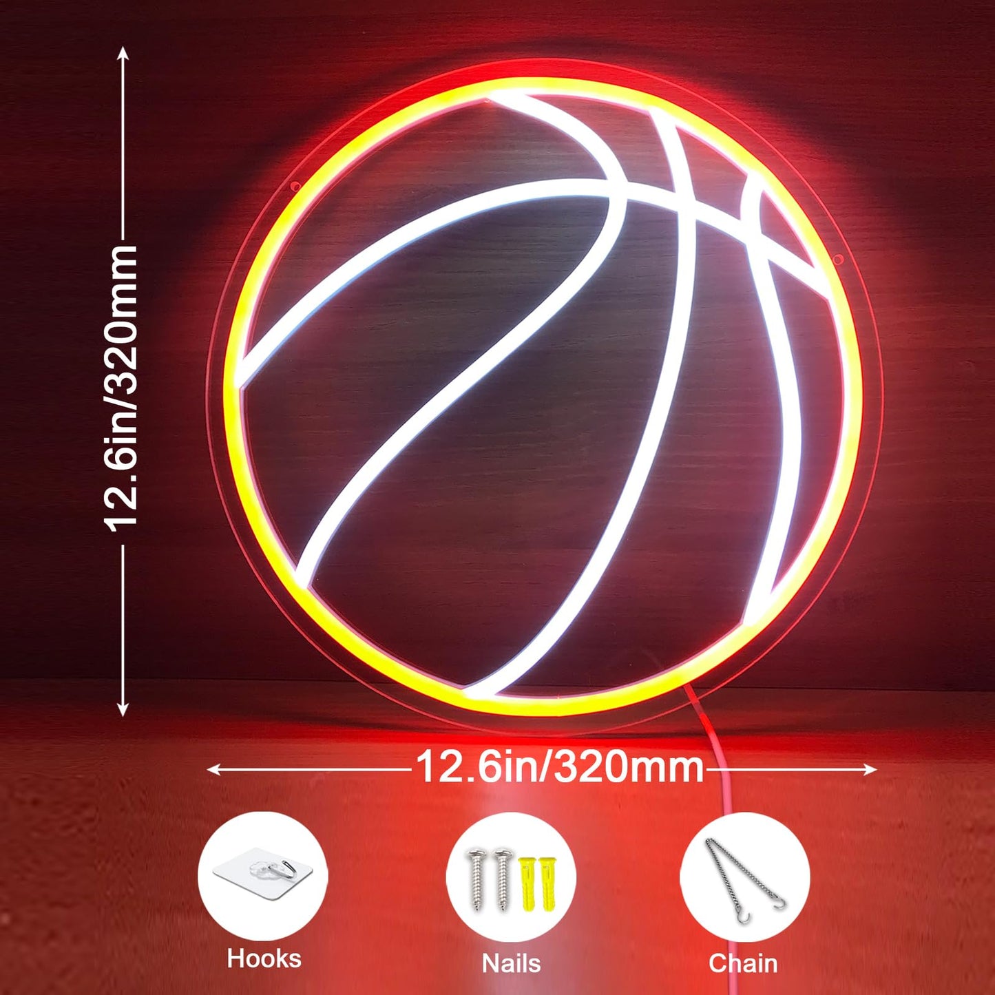 Basketball Neon Sign, 12.6"×12.6" Basketball Led Neon Light for Wall Decor, Powered by USB with Dimmable Switch, Wall Decor Aesthetic for Room Bedroom, Sports Decor
