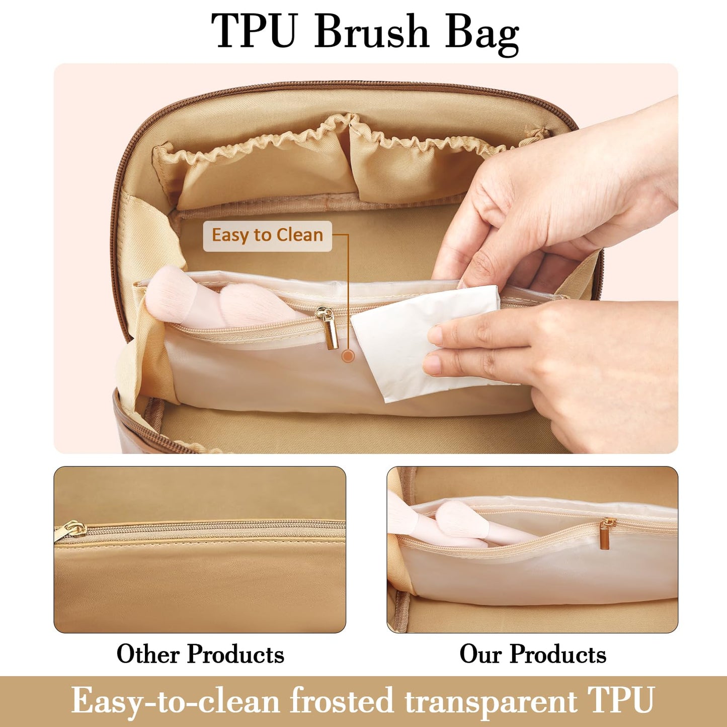 CLOUDWINGS Birthday Gifts for Women Teen Girl, Personalized Initial Makeup Organizer Bag Set, Open Flat Travel Cosmetic Bag With Clear Divider and Handle(Beige,A)