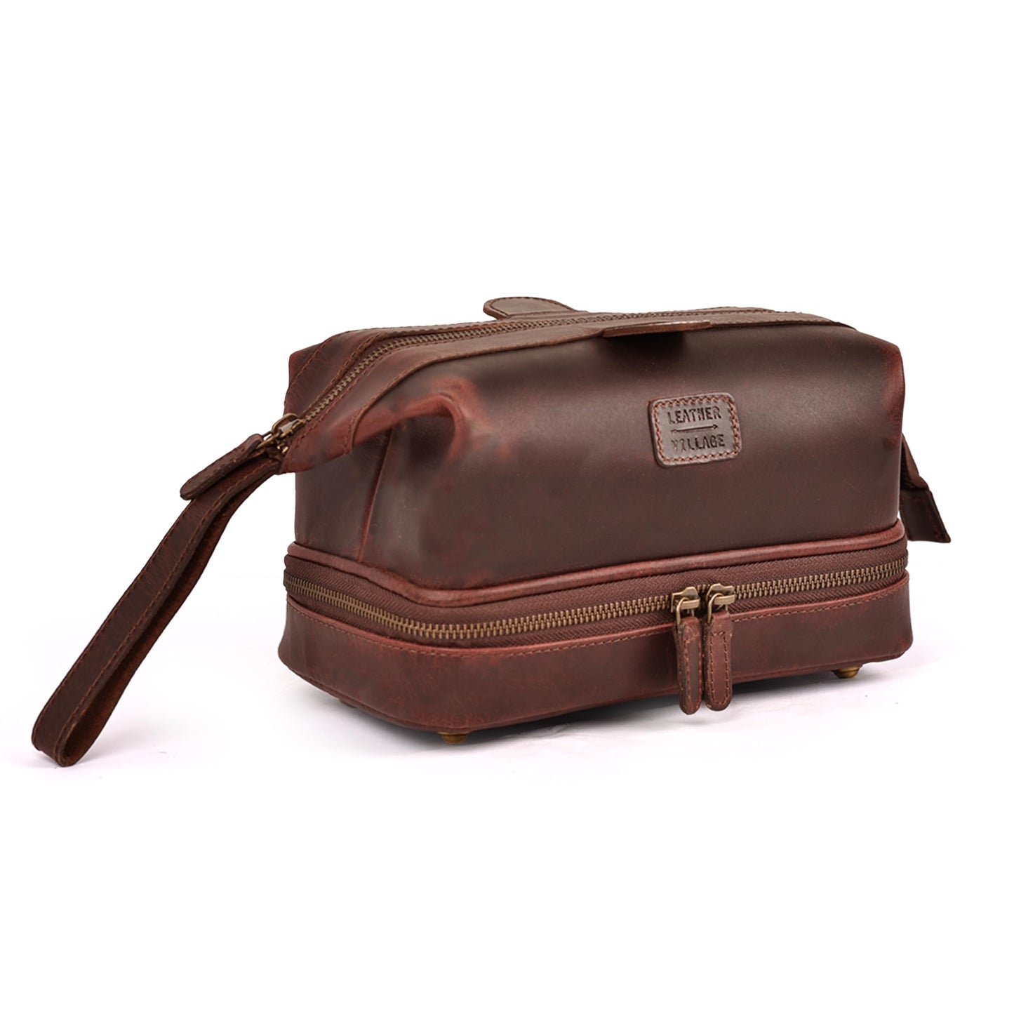 LEATHER VILLAGE Genuine Leather Dopp Kit – Large Travel Toiletry Bag with Waterproof Lining, Dual-Zip Design for Men & Women, Organizer for Shaving, Makeup & Essentials - Cherry