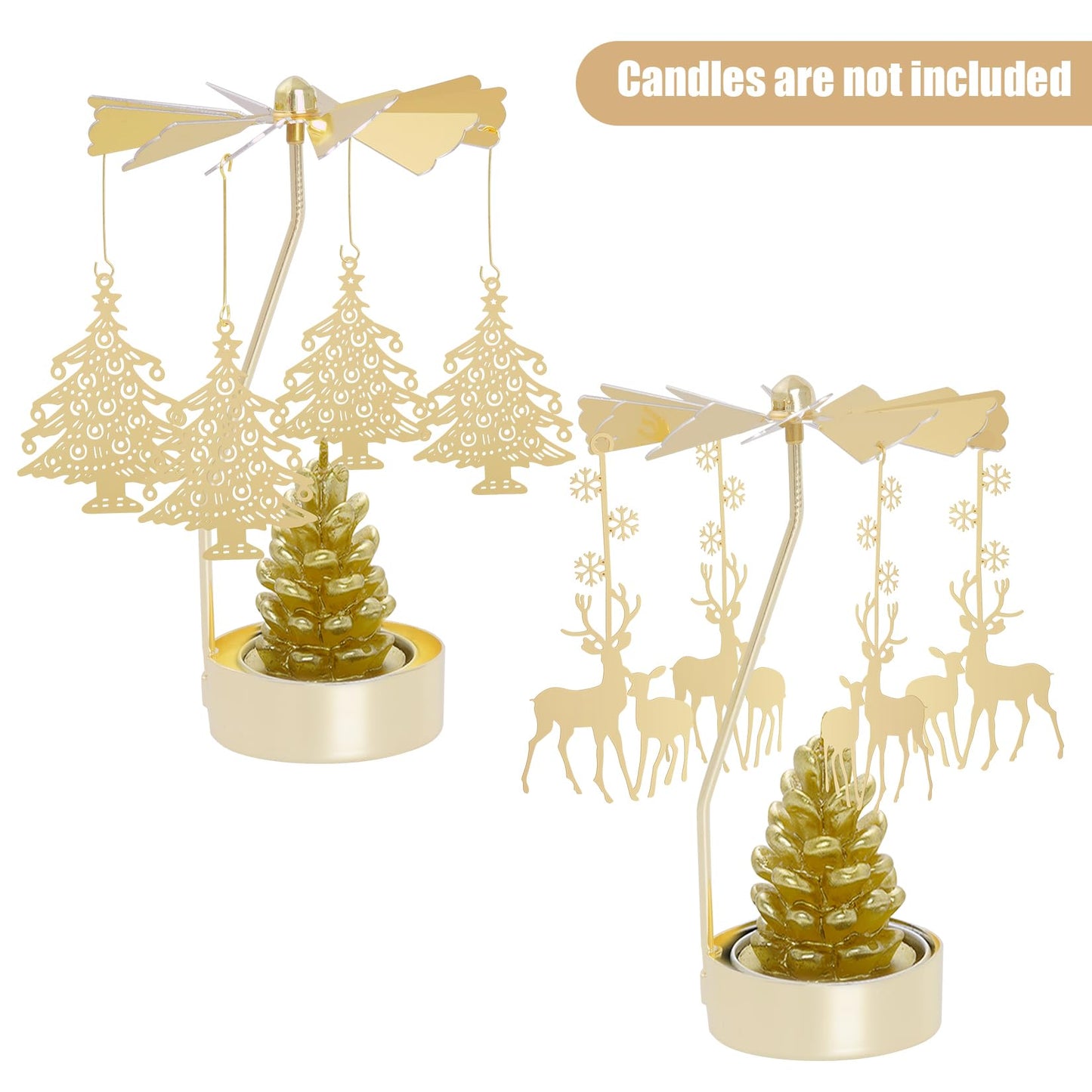 2Pcs Rotary Candle Holder Spinning Tea Light Candle Holder Gold Christmas Tree & Reindeer Style Metal Rotating Candlestick