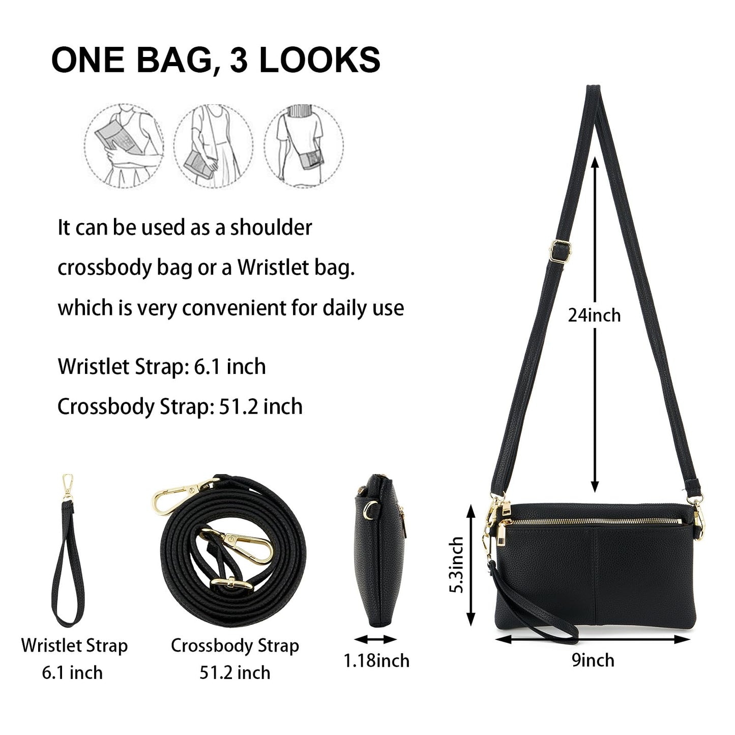 ZOOEASS Triple Zip Small Crossbody Bag Lightweight Purses Vegan Leather Wristlet Clutch, Includes Adjustable Shoulder (Black)
