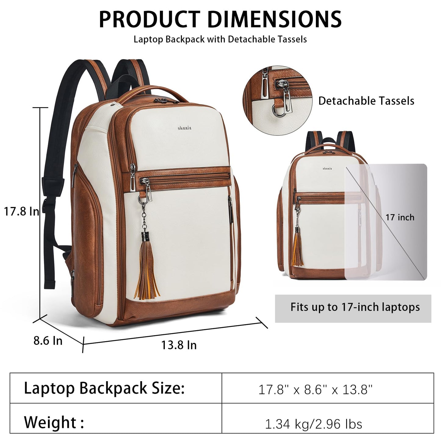 Shrrie Leather Backpack for Women, 17 Inch TSA Travel Backpack with USB Charger, 48L Expandable Large Capacity Computer Backpack Purse for Work Business Travel, Beige