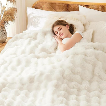 L'AGRATY Faux Fur Throw Blanket: 60" x 80" Luxury Soft Fluffy Thick Rabbit Fur Blankets for Twin Bed Couch - Cozy Plush Bubble Blankets for Winter: Warm Flannel Fleece Decorative Blanket(Cream White)