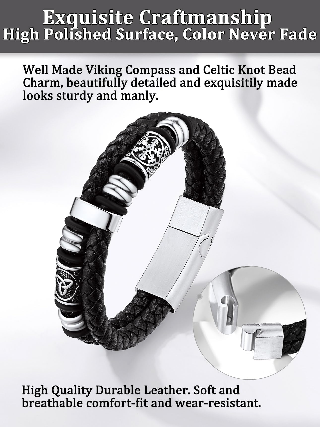 Bestyle Black Leather Bracelet for Men Double Layer Mens Leather Celtic Bracelets with Lucky Beads, Fashion Punk Retro Men Wristband Leather Bracelet Great Gift for Father Husband, 23cm/9.1 Inch