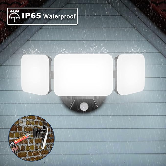 EMANER Outdoor Motion Sensor Floodlights, Dusk to Dawn Auto On at Night When Motion Detected, Security Light 4500lm 120V, 5000K 3-Head Frosted Lens, Motion Light for Driveway Patio (2-Pack, Black)