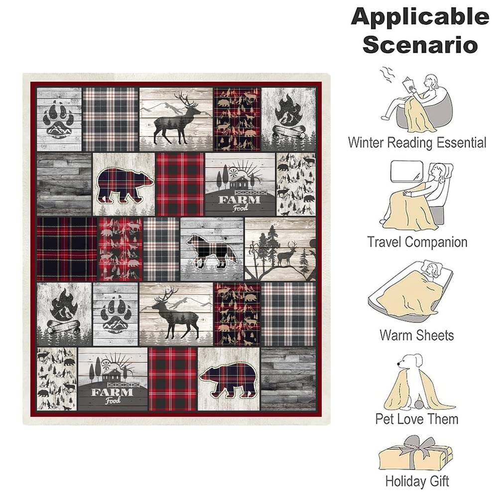 Belperan Wolf Bear and Deer Throw Blanket Rustic Cabin Decor Woodland Blanket Plaid Christmas Blanket Gifts for Women Southwestern Farmhouse Decor for Couch Bed Livingroom