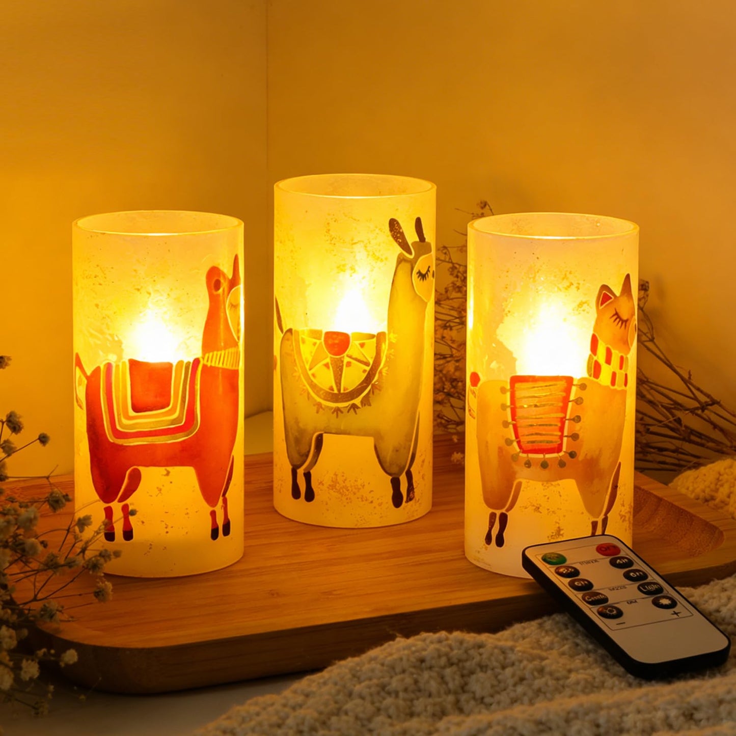 FLAVCHARM Set of 3 Glass Flameless Candles Alpaca Llama Decor Battery Operated Flickering Pillar LED Candle for Home Decor Party Festival Christmas Indoor Decorations