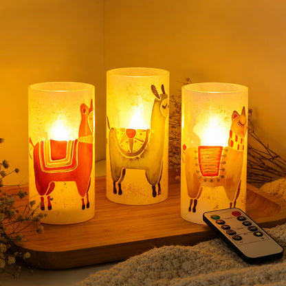 FLAVCHARM Set of 3 Glass Flameless Candles Alpaca Llama Decor Battery Operated Flickering Pillar LED Candle for Home Decor Party Festival Christmas Indoor Decorations