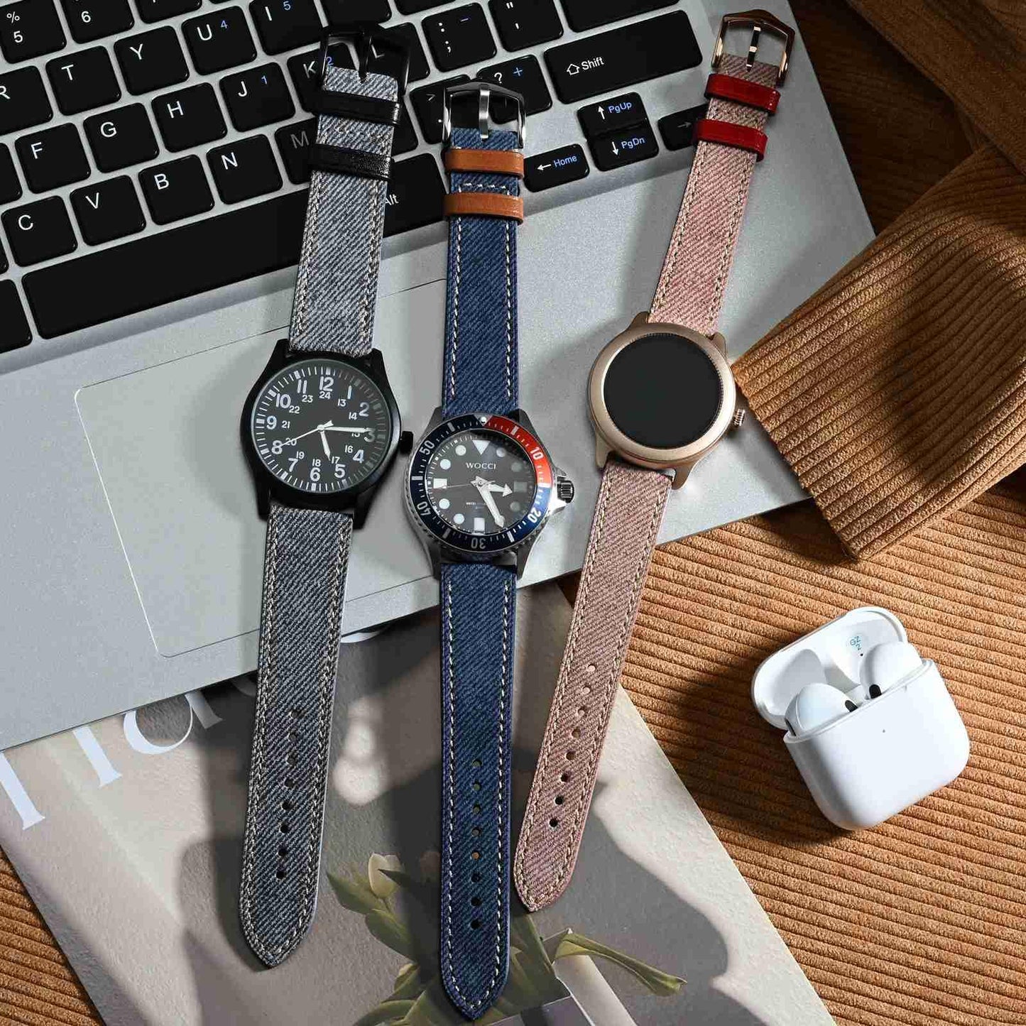 WOCCI 18mm Watch Band, Italian Leather, Denim Pattern, Black Buckle (Ash Blue)