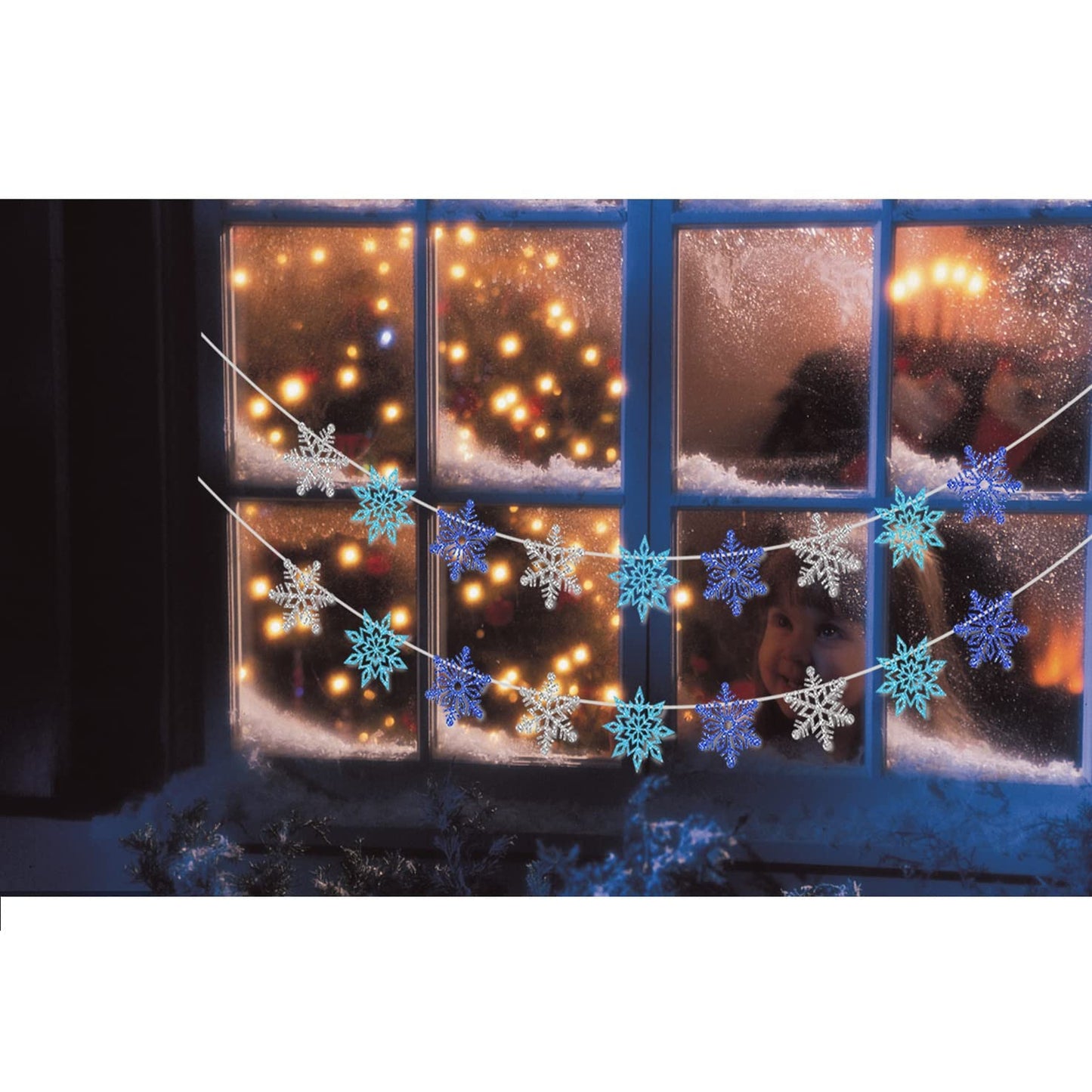 2 Pcs Glitter Snowflake Banner, Snowflake Winter Party Decorations, Snowflake Garland Christmas Party Decorations (Blue&Silver)