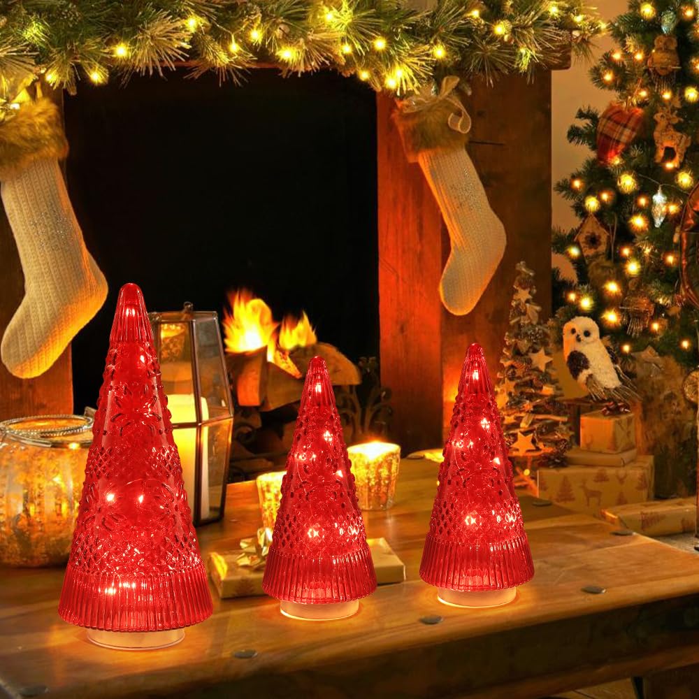PHITRIC Christmas Decorations Indoor, 3 PCS Sparkling Glass Red Christmas Tree Table Centerpieces Decor with LED Lights and Timer, Xmas Tree Decorations for Home, Mantel, Shelf, Office, Tabletop