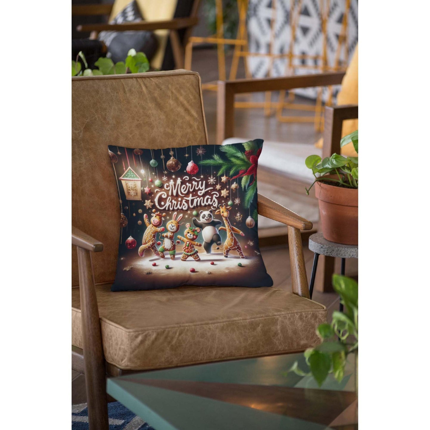 Throw Pillow Cover 20x20 Inch,Gingerbread Cow Rabbit Mouse Panda Giraffe Dancing Ornaments Pine Branches Merry Christmas Throw Pillow Case,Home Decor Cushion Covers for Sofa Living Room Couch Bed