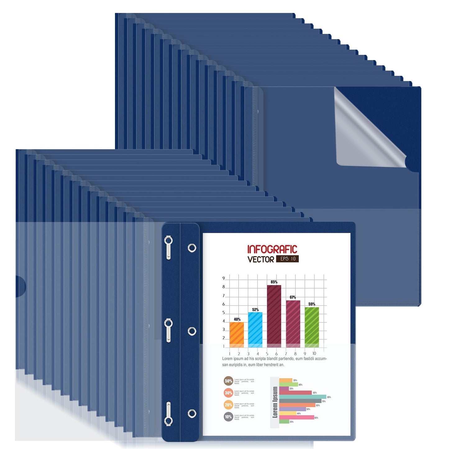 HAUTOCO 30 Pack Plastic Report Covers with 3-Prong Fasteners Clear Front Presentation Folders Resume Folders for 8.5x11 Letter Size Paper, Document Report Cover for School Office Business, Navy Blue