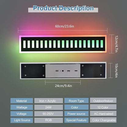 Outdoor Wall Light 24W RGB Modern Outdoor Wall Light LED External Lighting Fixture 23.6" Porch Lamp Waterproof for Patio, Garage