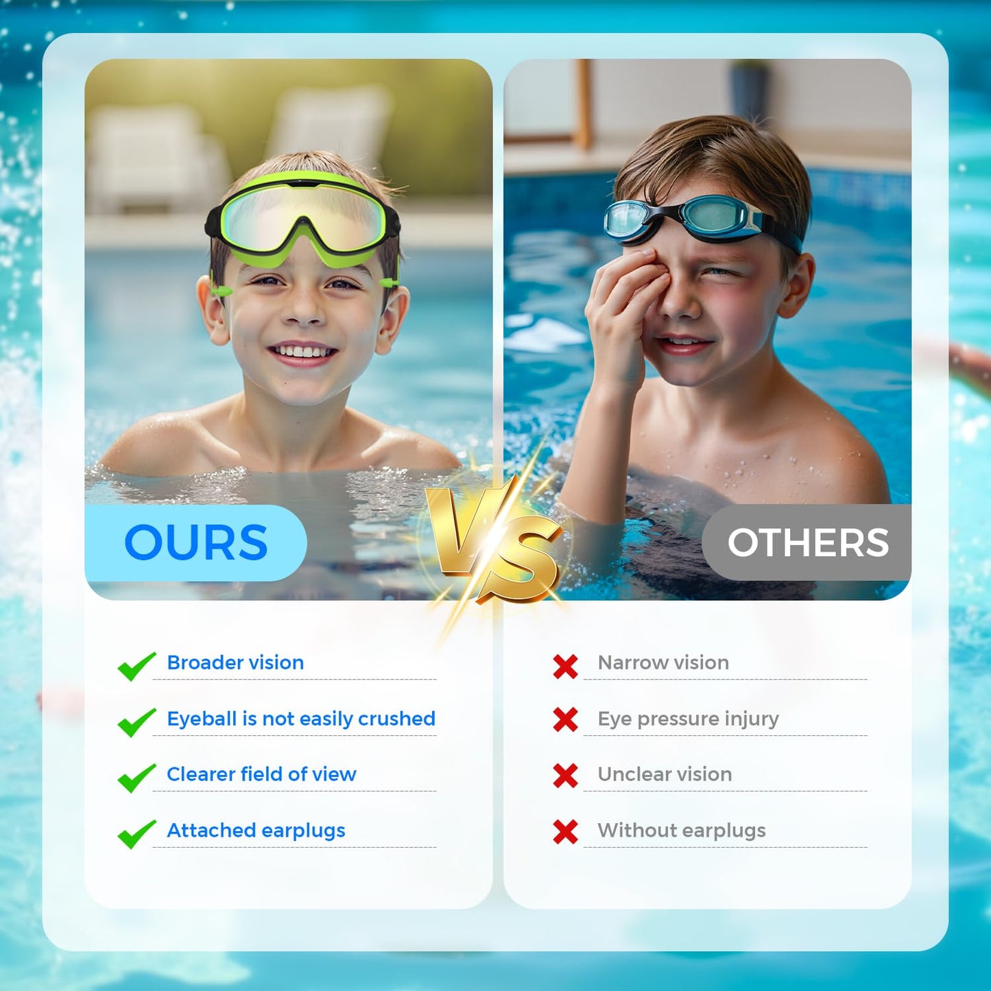YLKJSWIM Swim Goggles for kids 3-15 with Earplugs Large Frame Anti-Fog/UV No Leaking Pool Water Swimming Goggles for Boys Girls Youth Toddler (2pcs)