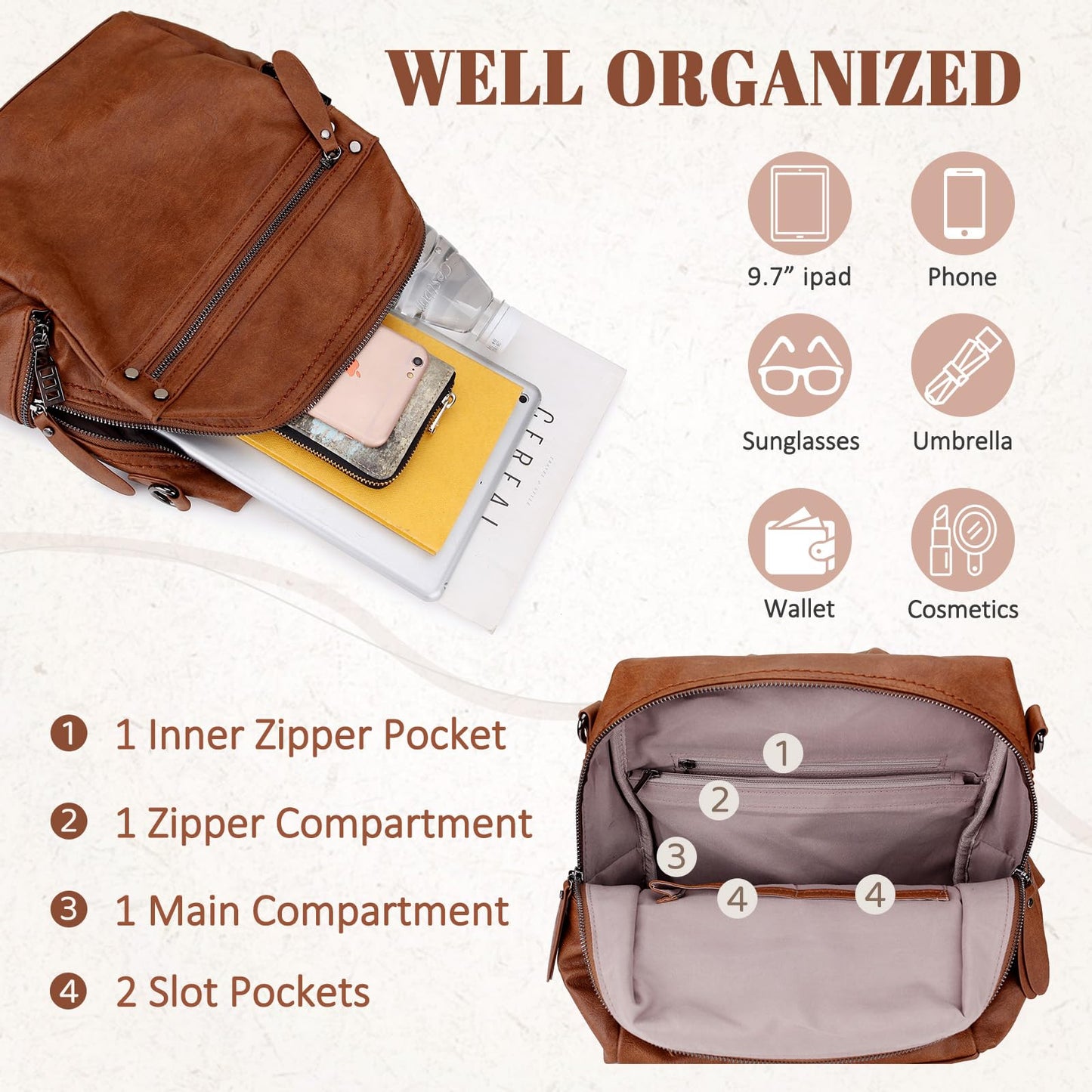 VX VONXURY Backpack Purse for Women, PU Leather Fashion Convertible Backpack Shoulder Bag Ladies Rucksack In 2 Ways To Carry Brown