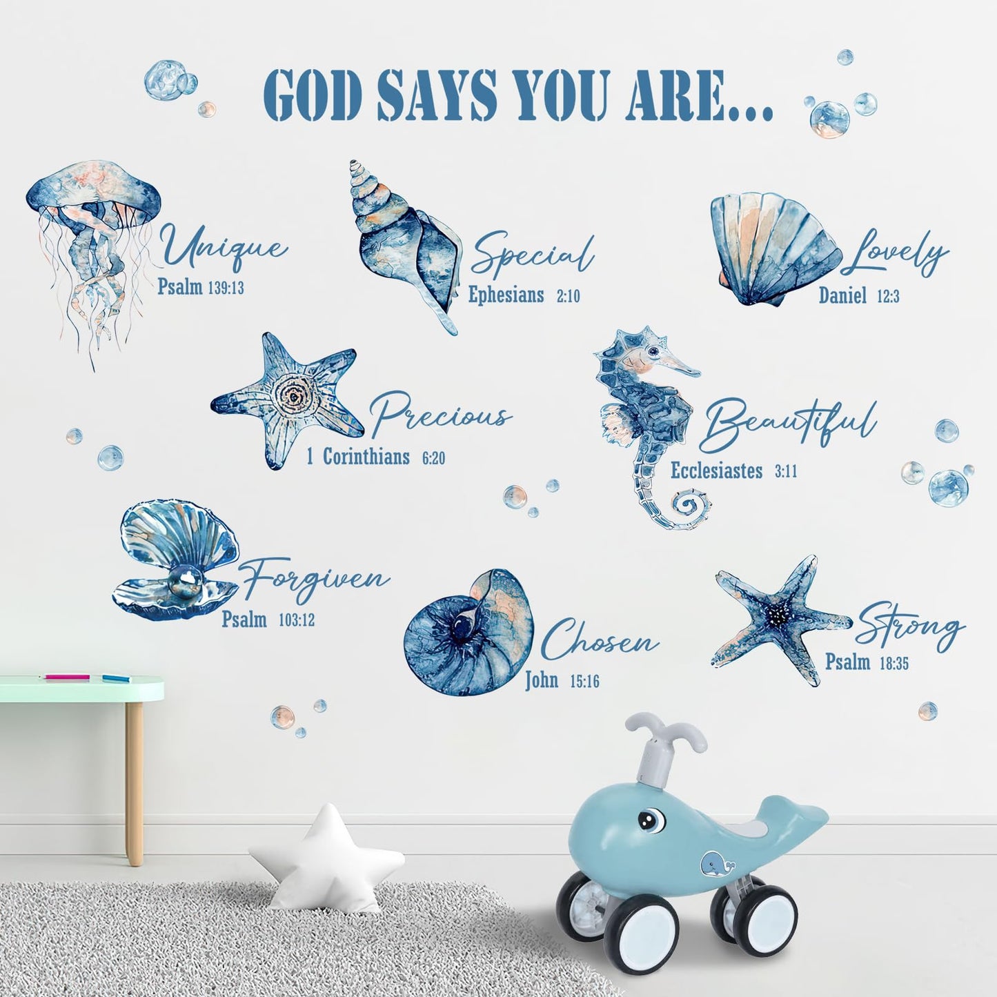 Yovkky Religious God Says You are Inspirational Wall Decals Stickers, Marine Animal Sea Shell Starfish Seahorse Jellyfish Home Bedroom Decor, Coastal Beach Ocean Living Room Kitchen Decorations Art