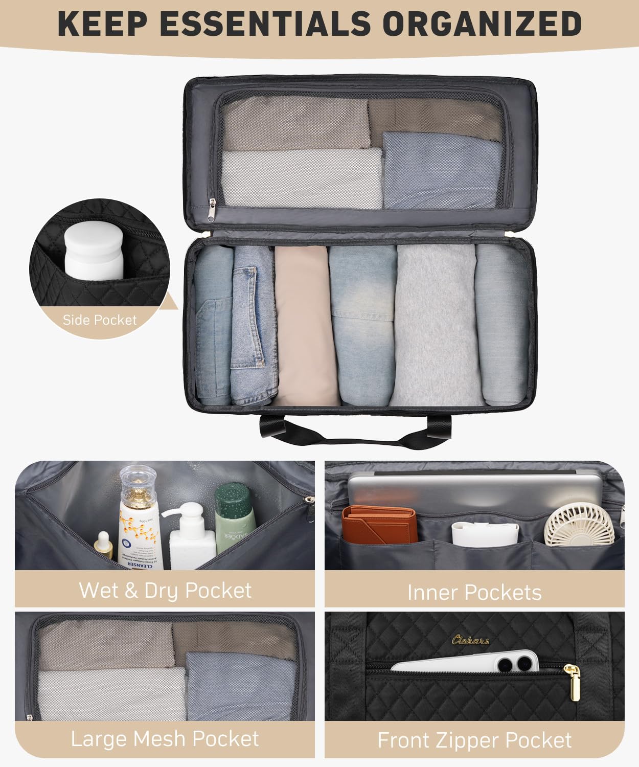 CLOKARS Travel Weekender Bags for Women: Overnight Bag with Shoe Compartment Large Travel Duffle Bag with Toiletry Bag Carry on Bag Personal Item Bag with Wet Pocket Hospital Bag for Women Black