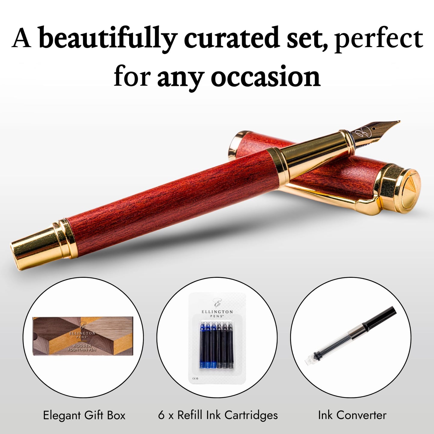 Ellington Pens Luxury Wood Fountain Pen Set – Fine Nib - Includes 6 Ink Cartridges, Wooden Pen Gift Box, Ink Converter - Wood Pen For Writing, Calligraphy, Journaling, Drawing (Rosewood Radiance)