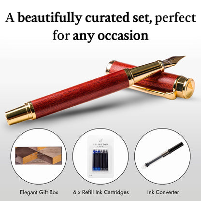 Ellington Pens Luxury Wood Fountain Pen Set – Fine Nib - Includes 6 Ink Cartridges, Wooden Pen Gift Box, Ink Converter - Wood Pen For Writing, Calligraphy, Journaling, Drawing (Rosewood Radiance)