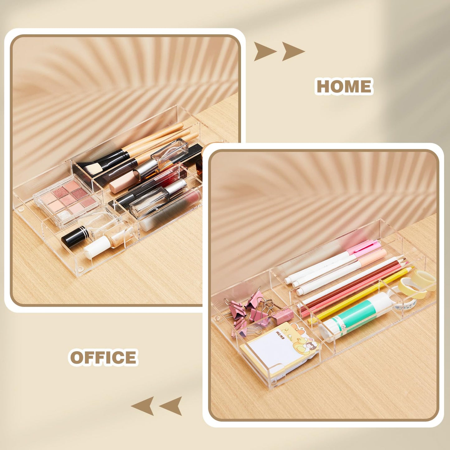 Briwooody Clear Acrylic Desk Drawer Organizer 11 x 6.1 x 1.38 Inch Storage Tray Organizer for Pens, Stationery, Desktop, Office, Bathroom, Kitchen, Makeup Supplies (6 Compartments)