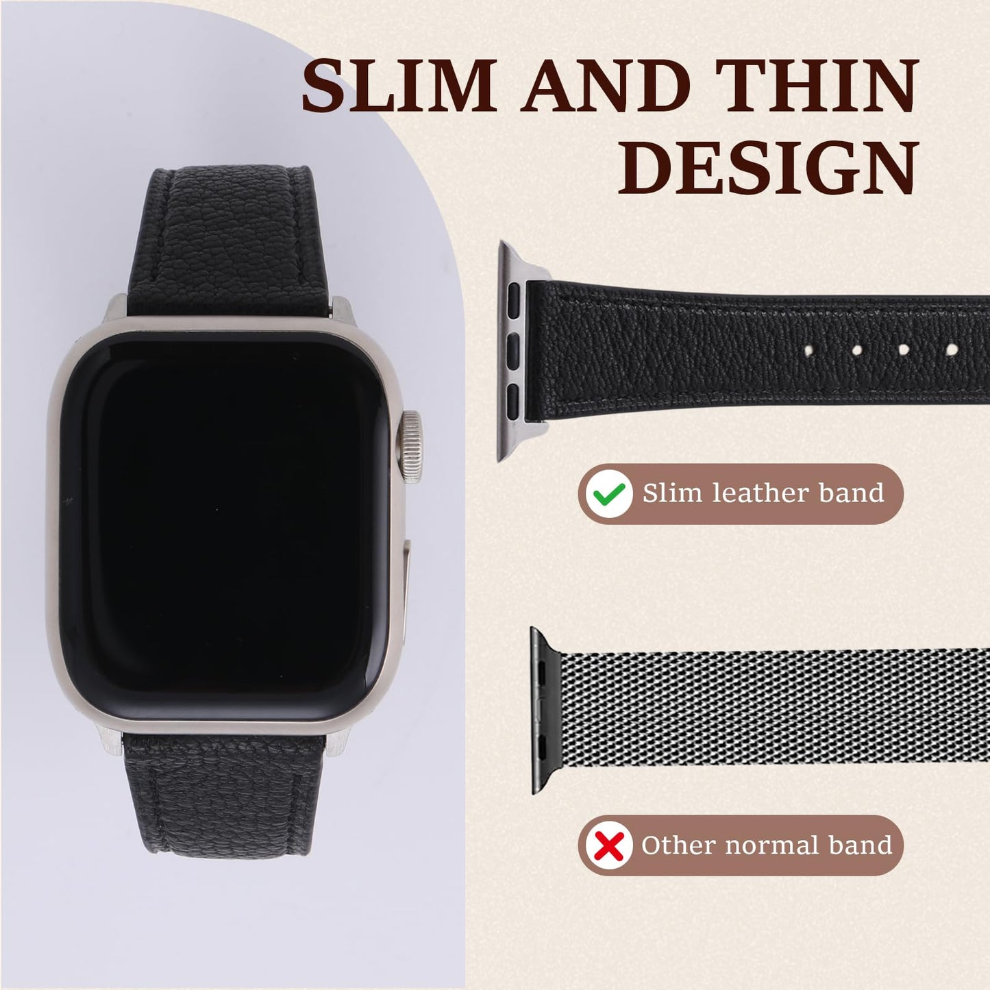 Thin French Goatskin Women's Soft Leather Band Compatible with Apple Watch 38mm 40mm 41mm 42mm 44mm 45mm 46mm 49mm, Lightweight Slim Leather Strap for iWatch Series Ultra SE 11 10 9 8 7 6 5 4 3 2 1