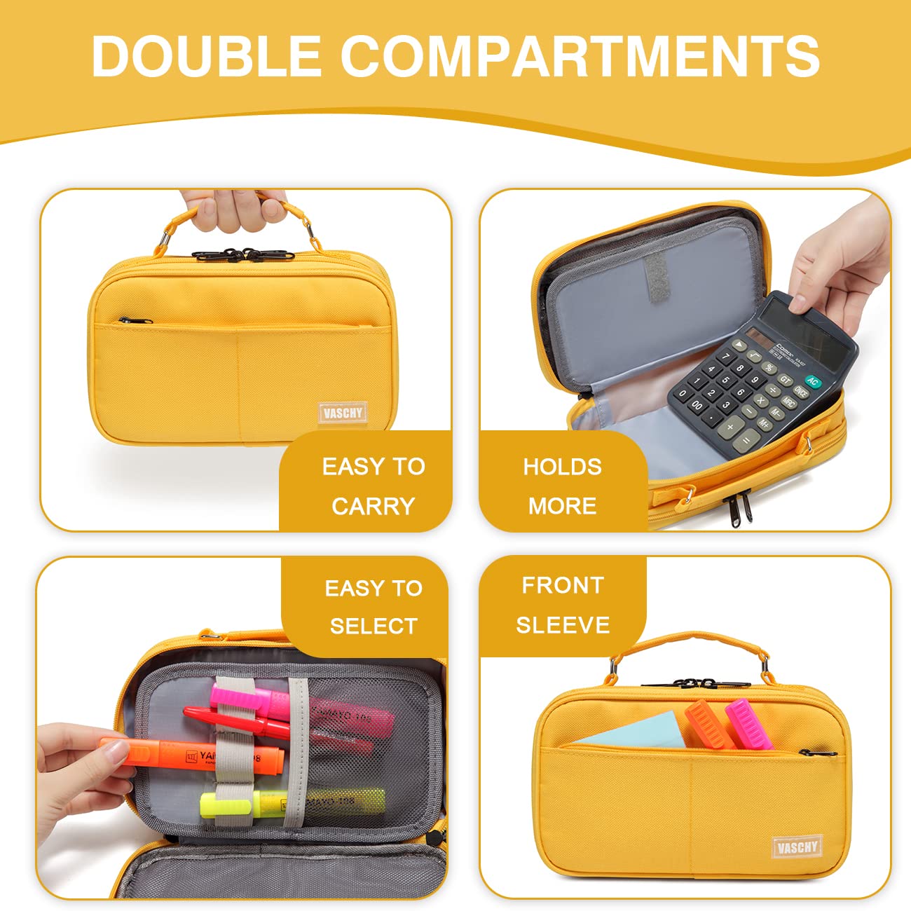 VASCHY Pencil Case, Large Pencil Pouch with Compartments for Middle School,Work,Office Pen Organizer Holder School Supply Yellow