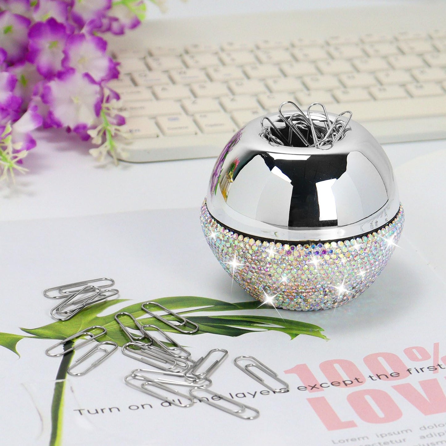etspolt Rhinestone Paper Clip Holder, 100 Pcs 28mm(1.1") Paper Clips in Bling Sliver Round Magnetic Paper Clip Dispenser, Paperclip Holders for Desk Organizer (White)
