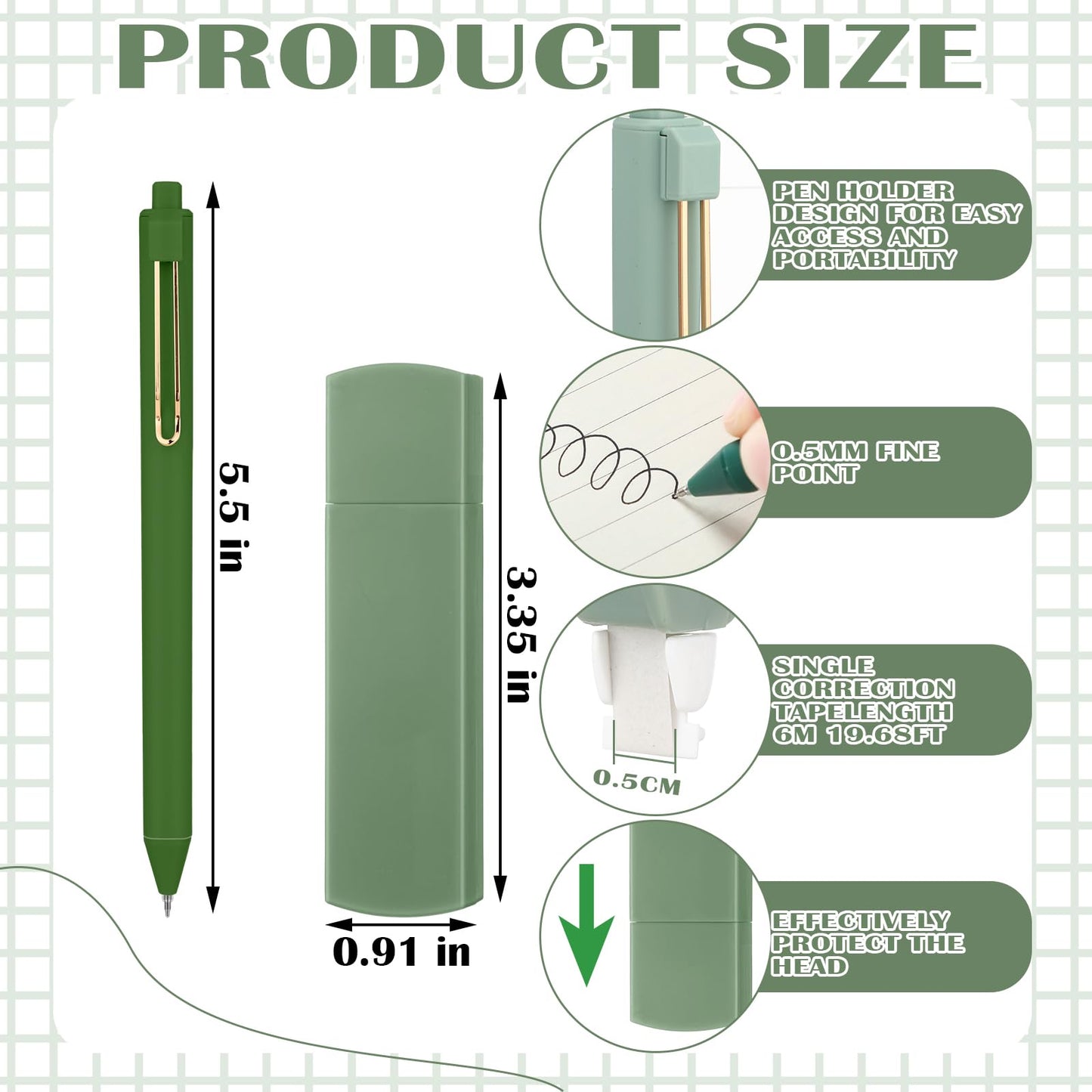 Resurhang Aesthetic Stationery Set Supplies Sticky Notes Set 6 Mini Correction Tapes 6 Retractable Black Ink Pens 0.5mm Fine Point Paper Corrective Pen Self Stick Index Tabs(Green)