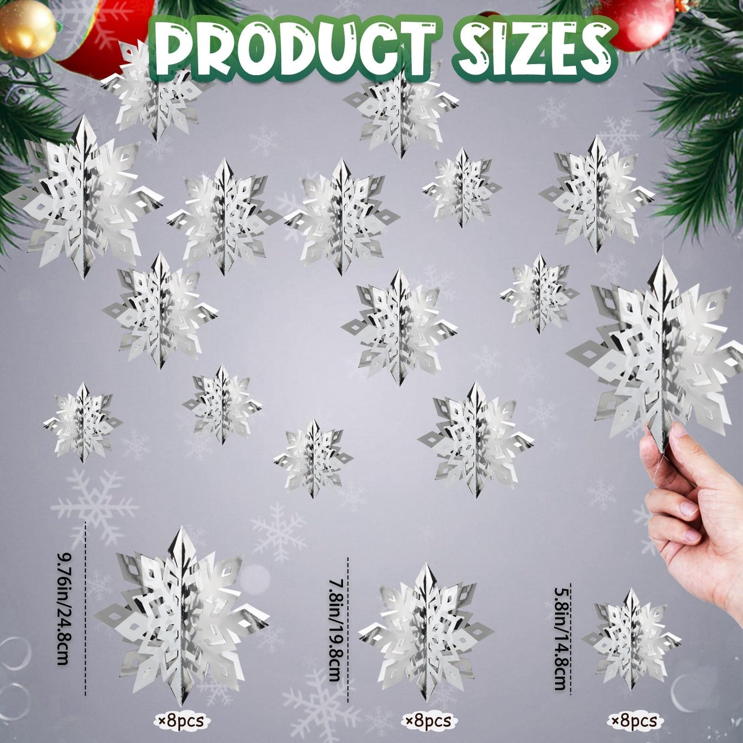 OuMuaMua Christmas Snowflake Decorations Indoor, 24PCS 3D Silver Hanging Snowflakes Garland for Winter Wonderland Decor Xmas Christmas Party Baby Shower Holiday Home Decorations