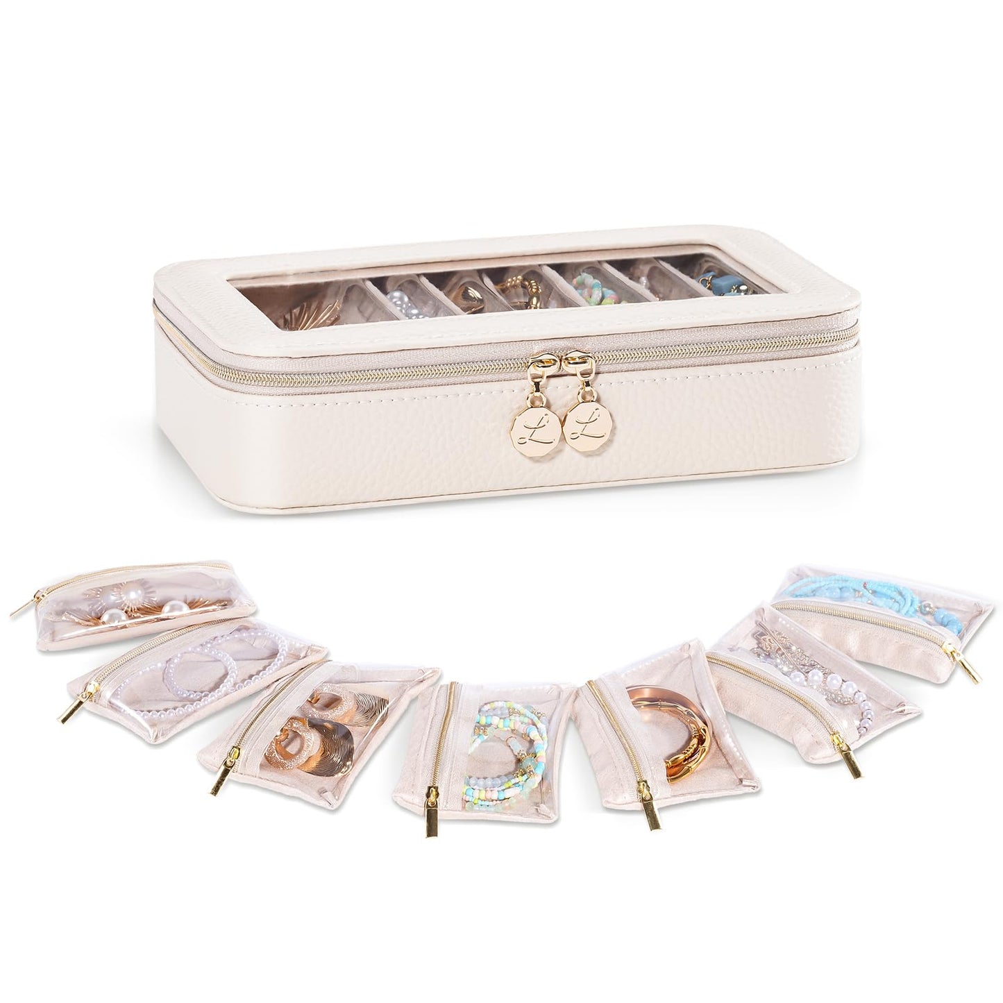 Lolalet 8 in 1 Travel Jewelry Case with Velvet Pouches, Clear Window Travel Jewelry Organizer Bags for Earrings, Bracelets, Necklaces and Rings, Compact Jewelry Storage for Women Girls -Beige, 7PCS
