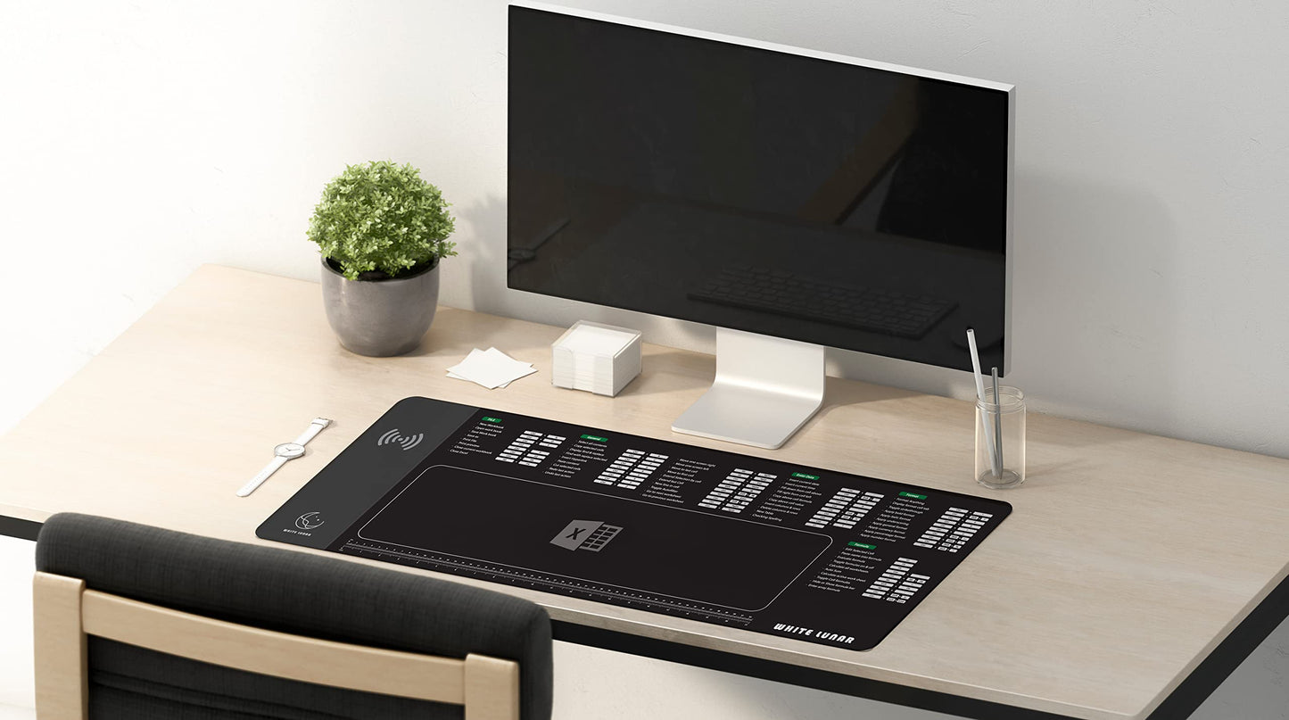 Excel Shortcut Mouse Pad with Wireless Charging (15W), Large Desk Mat for Office Productivity, Fast Qi Charger for iPhone & Samsung, Non-Slip Desk Setup for Work & Study