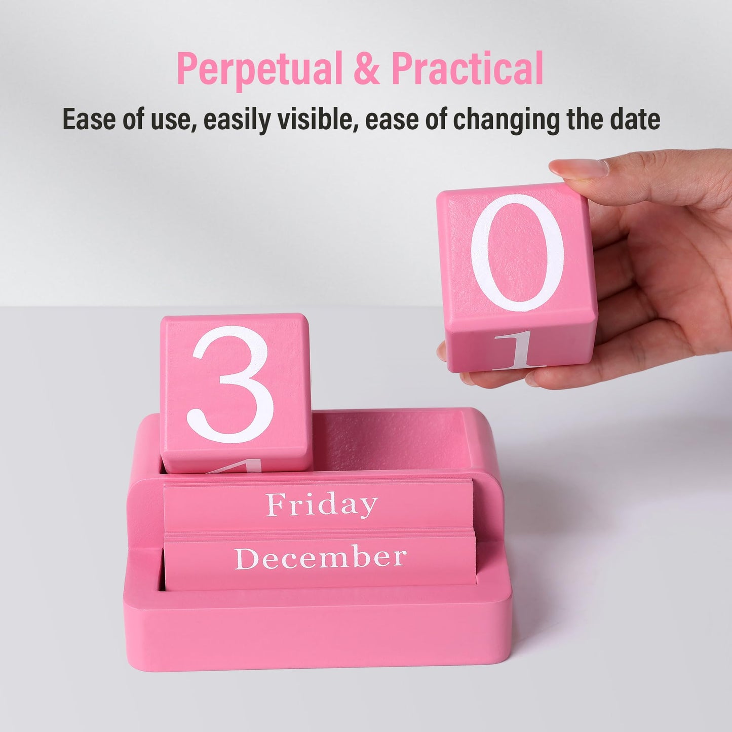 EASEYA Wooden Block Calendar for Desk, Daily Desktop Perpetual Desk Calendar, Modern Farmhouse Aesthetic Desk Accessories for Home Office Decor, Teacher, Classroom, Reusable Yearly, Pink