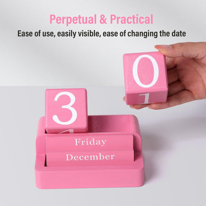 EASEYA Wooden Block Calendar for Desk, Daily Desktop Perpetual Desk Calendar, Modern Farmhouse Aesthetic Desk Accessories for Home Office Decor, Teacher, Classroom, Reusable Yearly, Pink