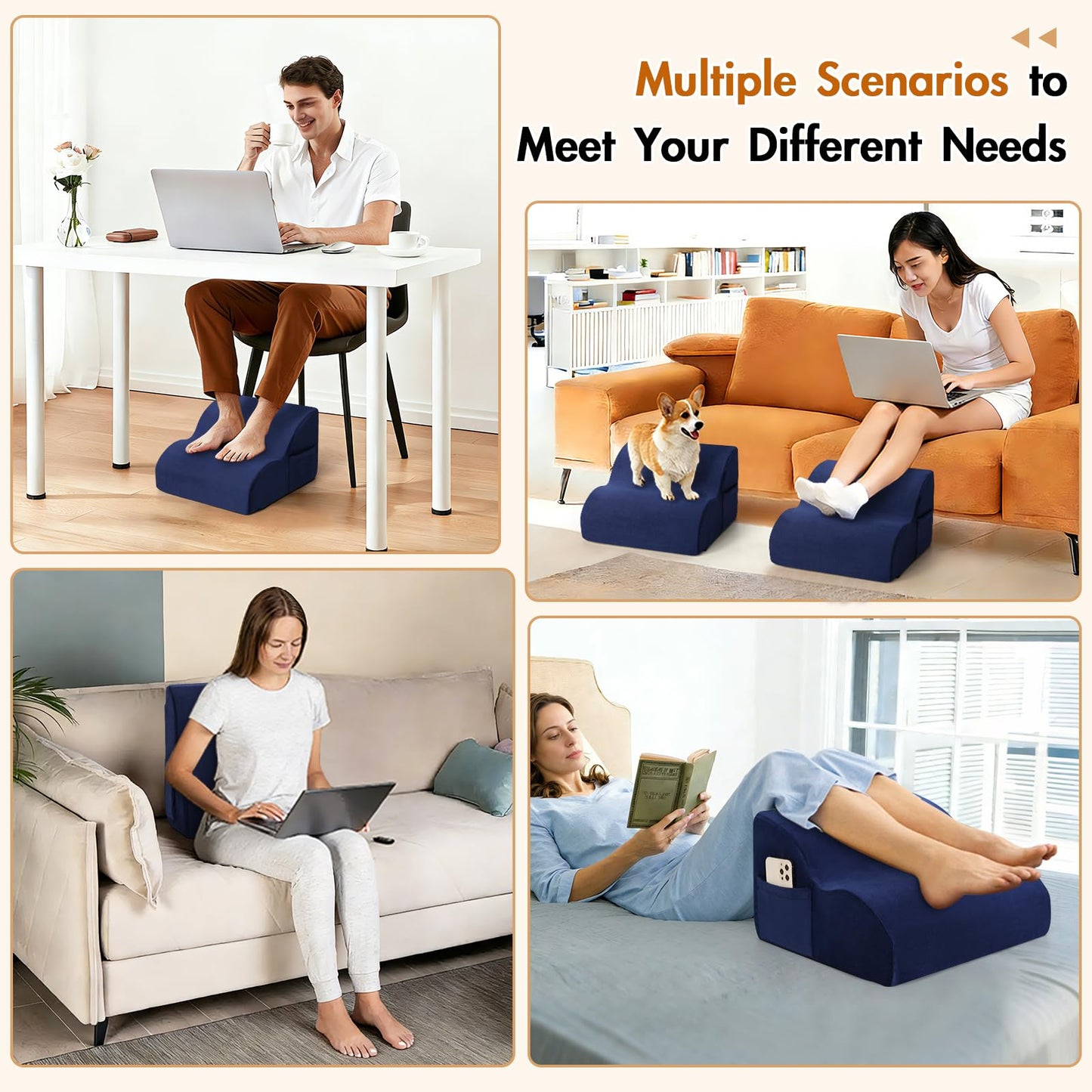 Echaprey Foot Rest for Under Desk at Work,Adjustable Under Desk Footrest Multifunctional 3-Tier Foot Stool with Non-Slip Base and Washable Cover Ergonomic Foot Stool for Office,Home,Car,Travel (Blue)