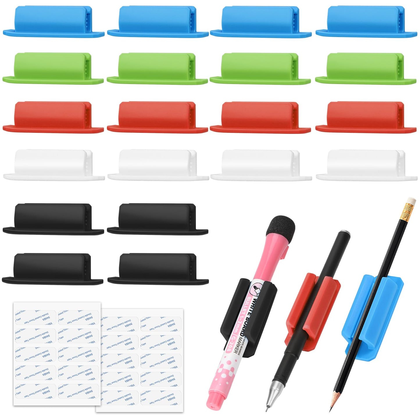 BOBOKA 20Pcs Pencil Holder for Desk, Adhesive Pen Holder for Classroom Clipboard Attachment, Silicone Pencil Holder & Marker Holder for School Office Desk Accessories, Teacher Supplies