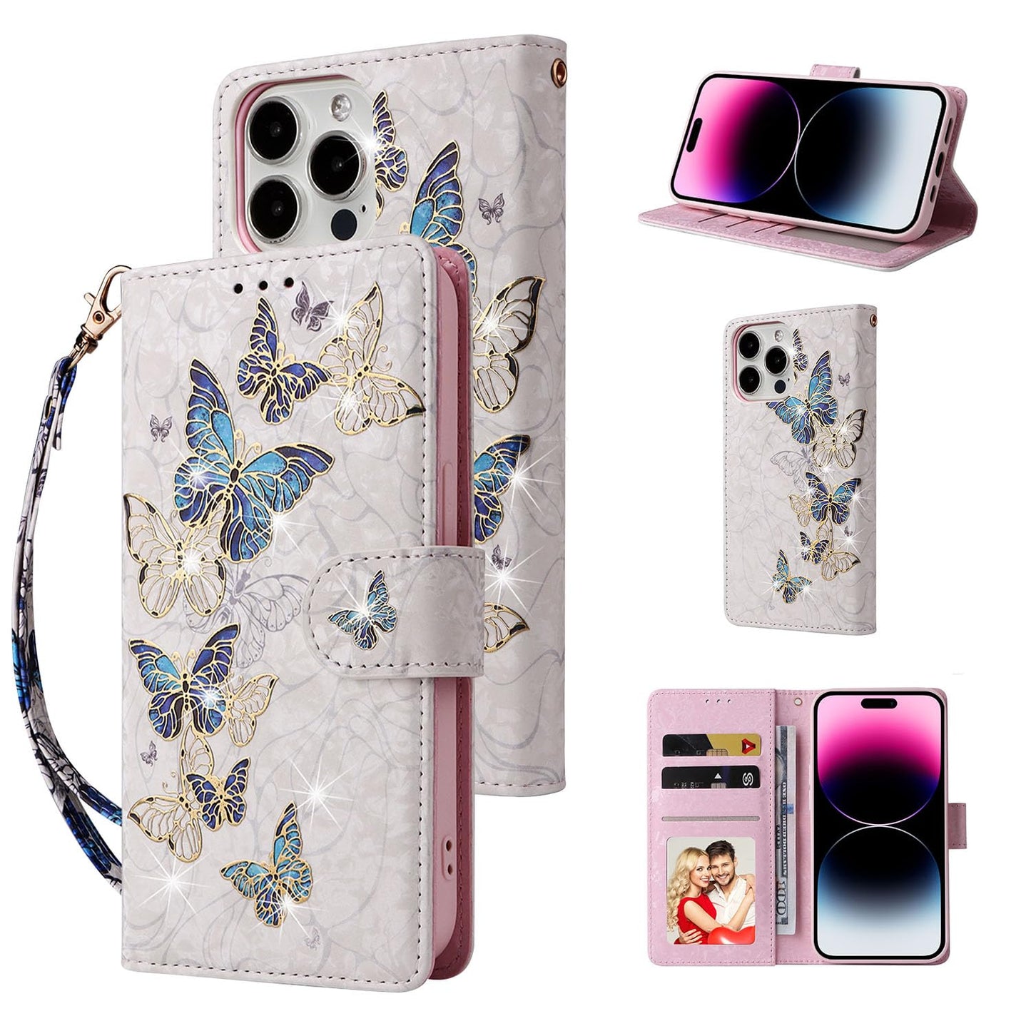 UEEBAI Wallet Case for iPhone 15 Pro Max, PU Leather Phone Cover Kickstand RFID Blocking Flip Case Card Slots Wrist Strap Relief Engraved Pattern Magnetic Closure Flower Folio Wallet, Blue Butterfly