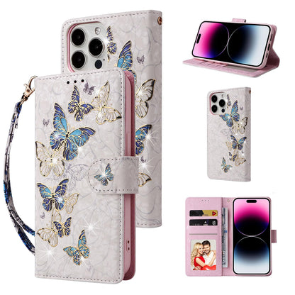 UEEBAI Wallet Case for iPhone 15 Pro Max, PU Leather Phone Cover Kickstand RFID Blocking Flip Case Card Slots Wrist Strap Relief Engraved Pattern Magnetic Closure Flower Folio Wallet, Blue Butterfly