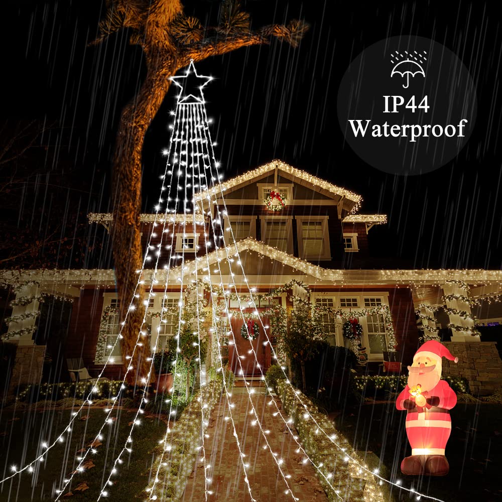 MINIAO Christmas Decorations Star String Lights, 320 LED Waterfall Tree Lights with 13" Topper Star 8 Lighting Modes Indoor Outdoor Decorative for New Year, Holiday, Wedding, Party