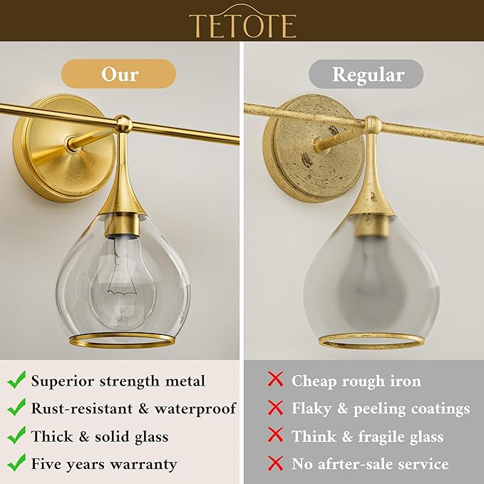 TETOTE 3-Light Modern Bathroom Light Fixtures, 3 Light Vanity Lights Over Mirror Gold Wall Lamp with Clear Glass for Bathroom, Mirror, Living Room, Bedroom, Hallway