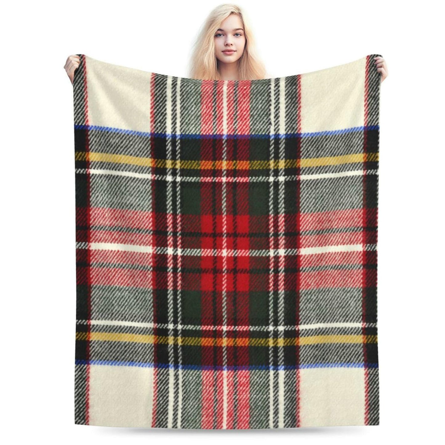 HGOD DESIGNS Scottish Tartan Red and White Wool Plaid Pattern Flannel Fleece Bed Blanket Throw Blanket Lightweight Cozy Plush Blanket for Bedroom Living Rooms Sofa Couch 50"x60"