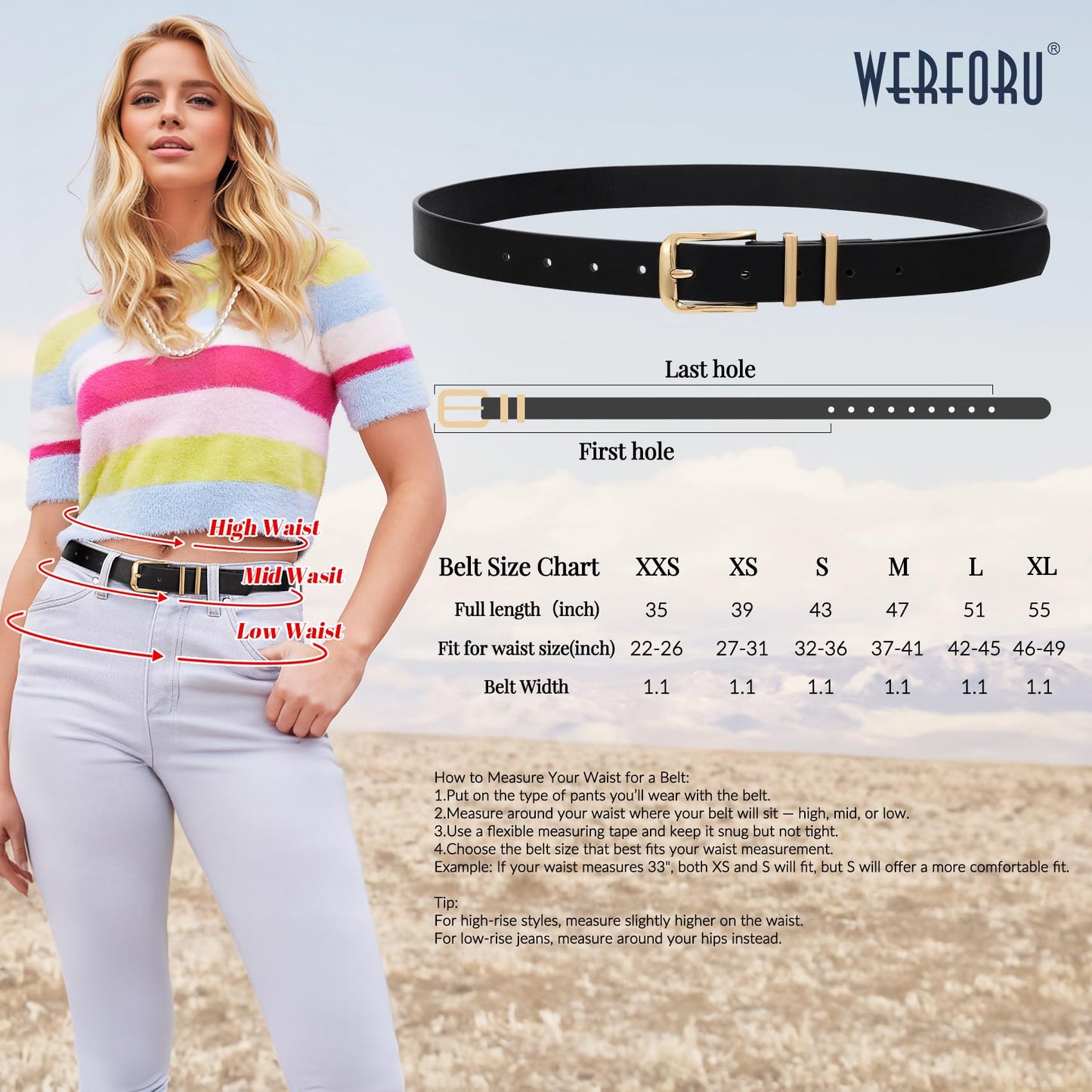 WERFORU 3 PACK Women Belt Women Fashion Leather Belts for Jeans Pants Ladies Belts with Gold Buckle,A-Black+Brown+Beige,Fit Waist Size 37-41 Inches
